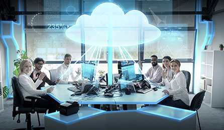 happy business team with cloud computing hologram