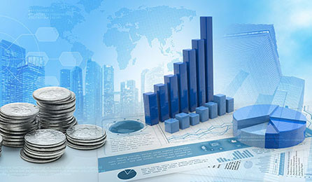 coins and charts in a blue cityscape background, 3d illustration